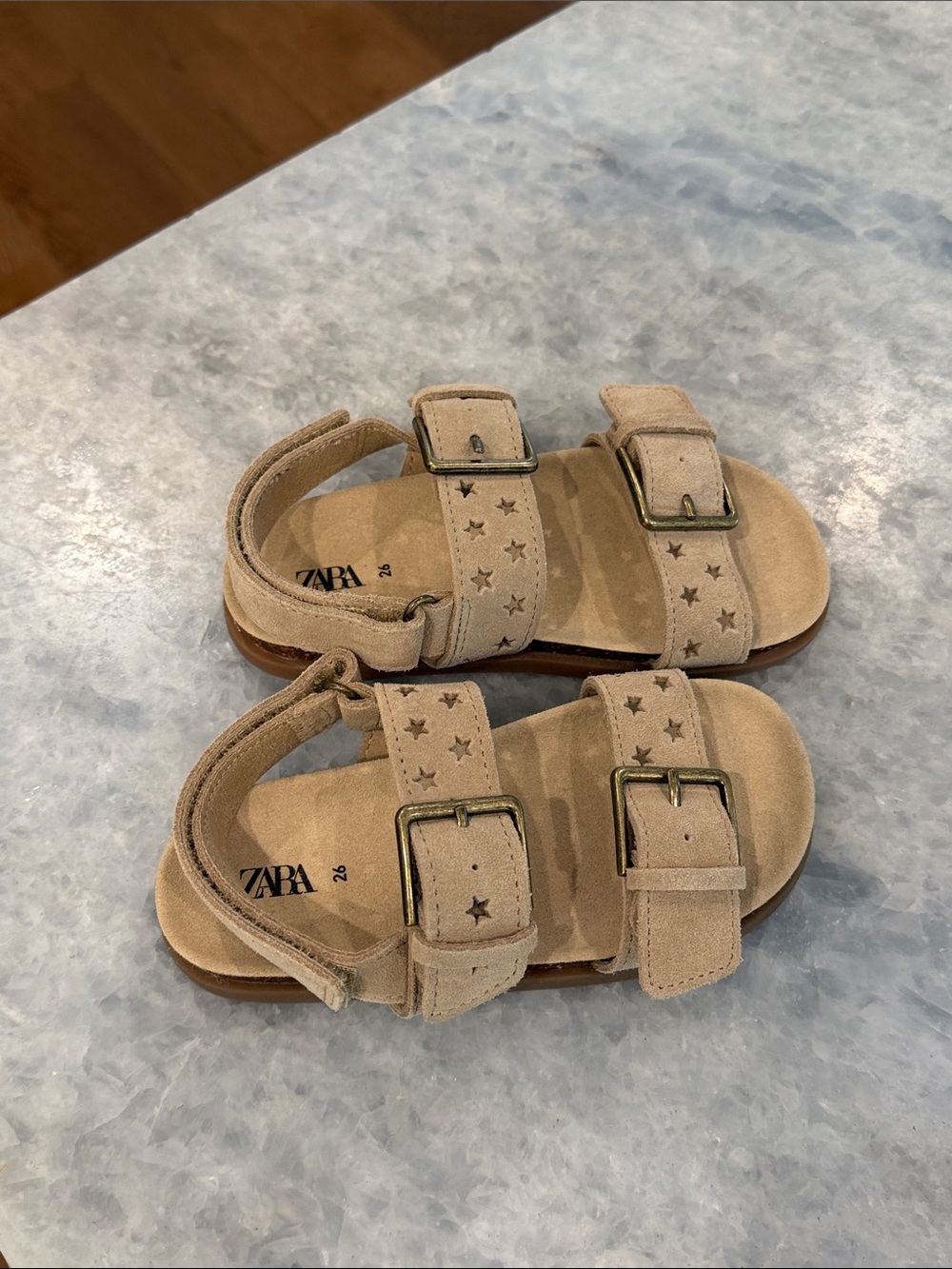ZARA Kids Tan Suede Star-Stamped Double-Buckle Sandals